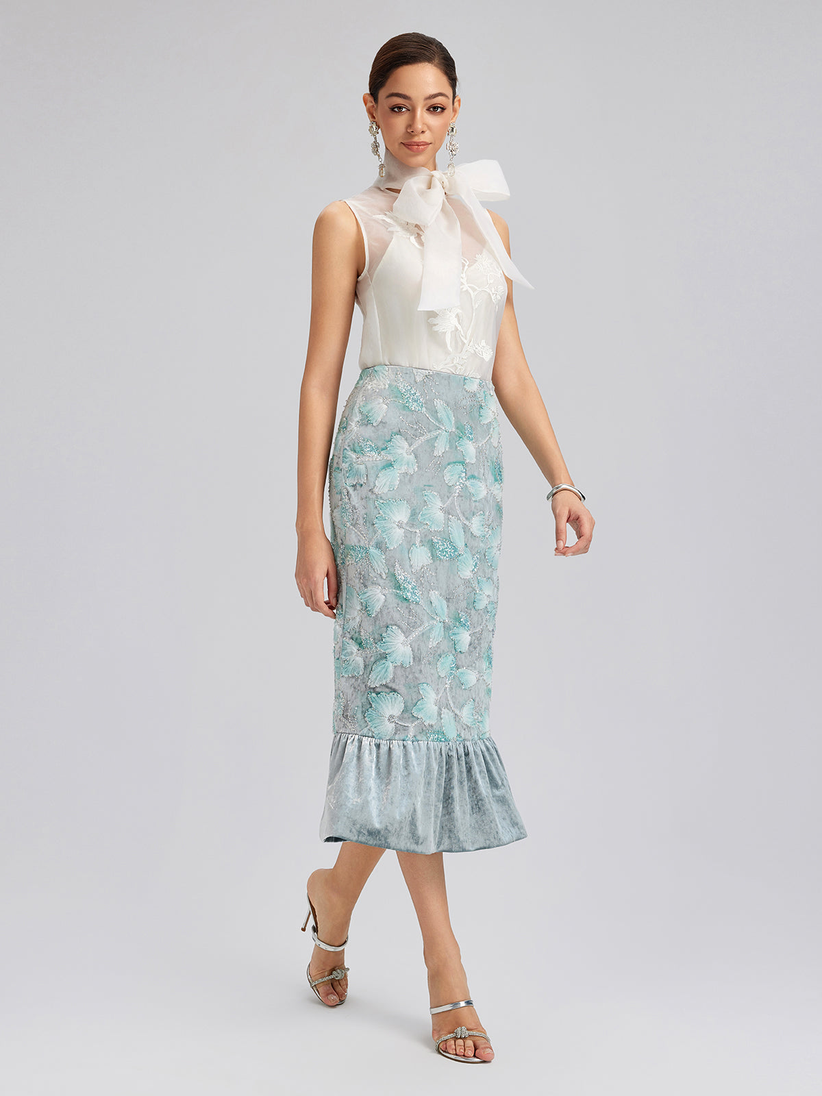 Beaded Floral Embroidered Velvet Tulip Skirt