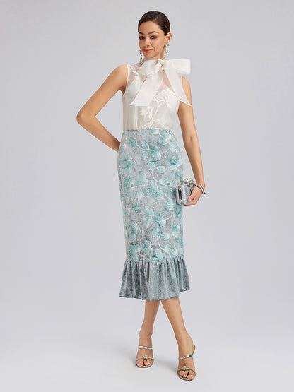 Beaded Floral Embroidered Velvet Tulip Skirt