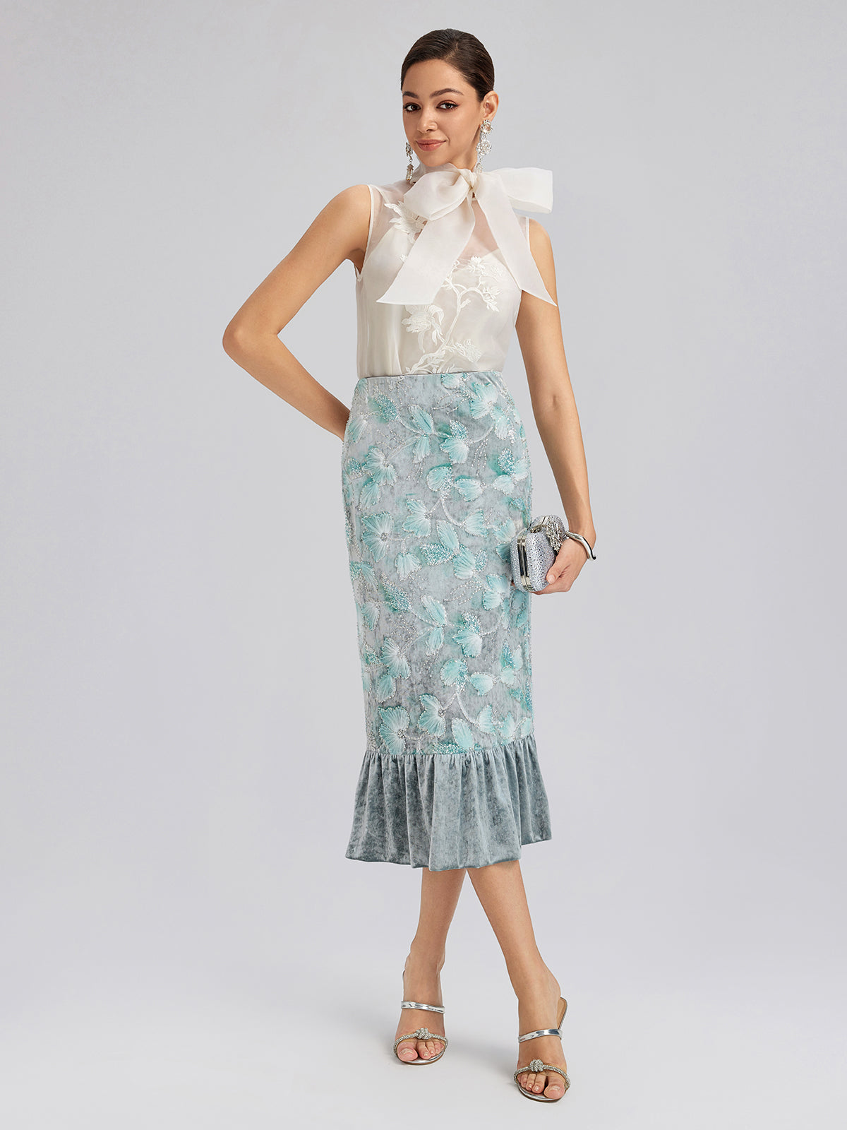 Beaded Floral Embroidered Velvet Tulip Skirt