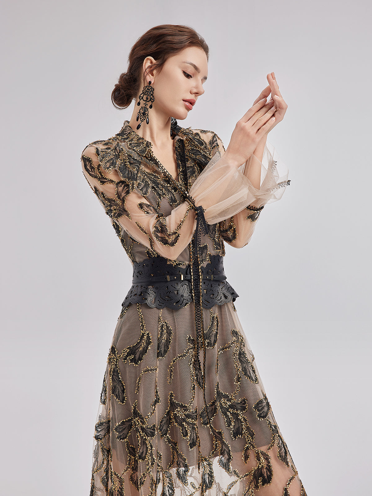 Women's Custom Italian Floral Jacquard Dress(With Waist Chain), Black gold / L