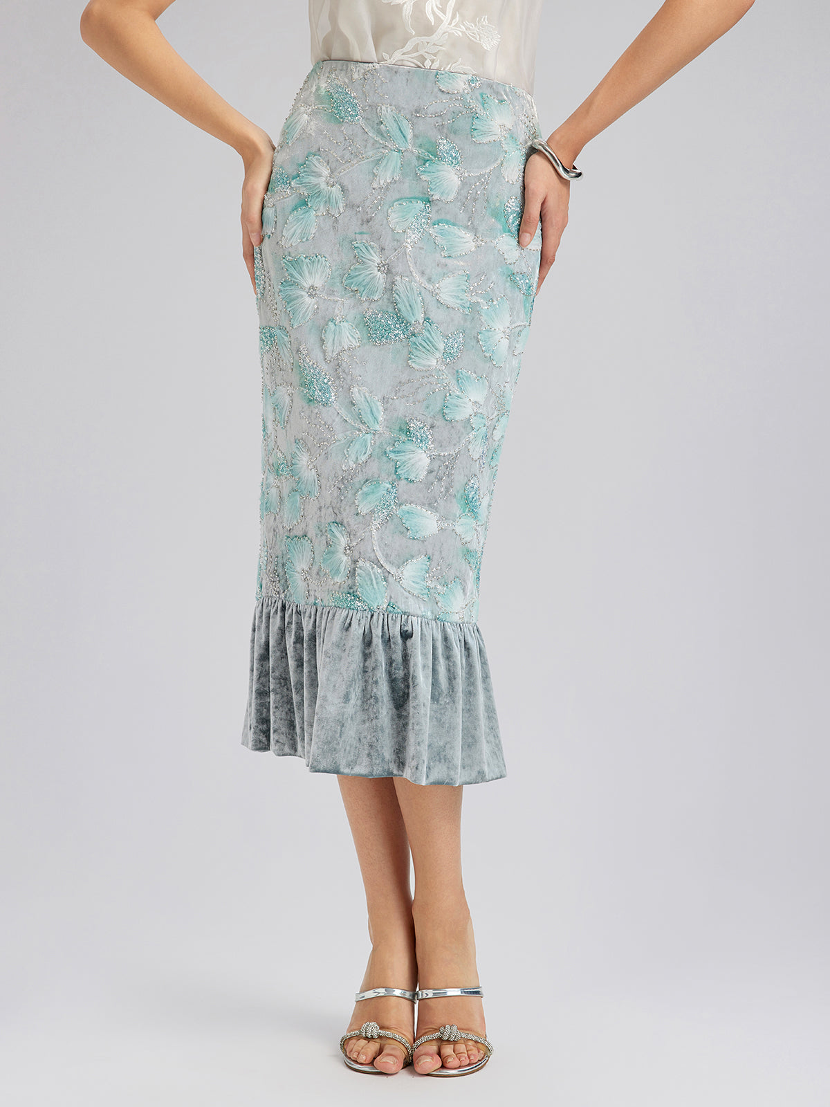 Beaded Floral Embroidered Velvet Tulip Skirt