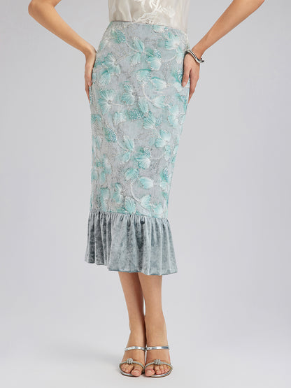 Beaded Floral Embroidered Velvet Tulip Skirt