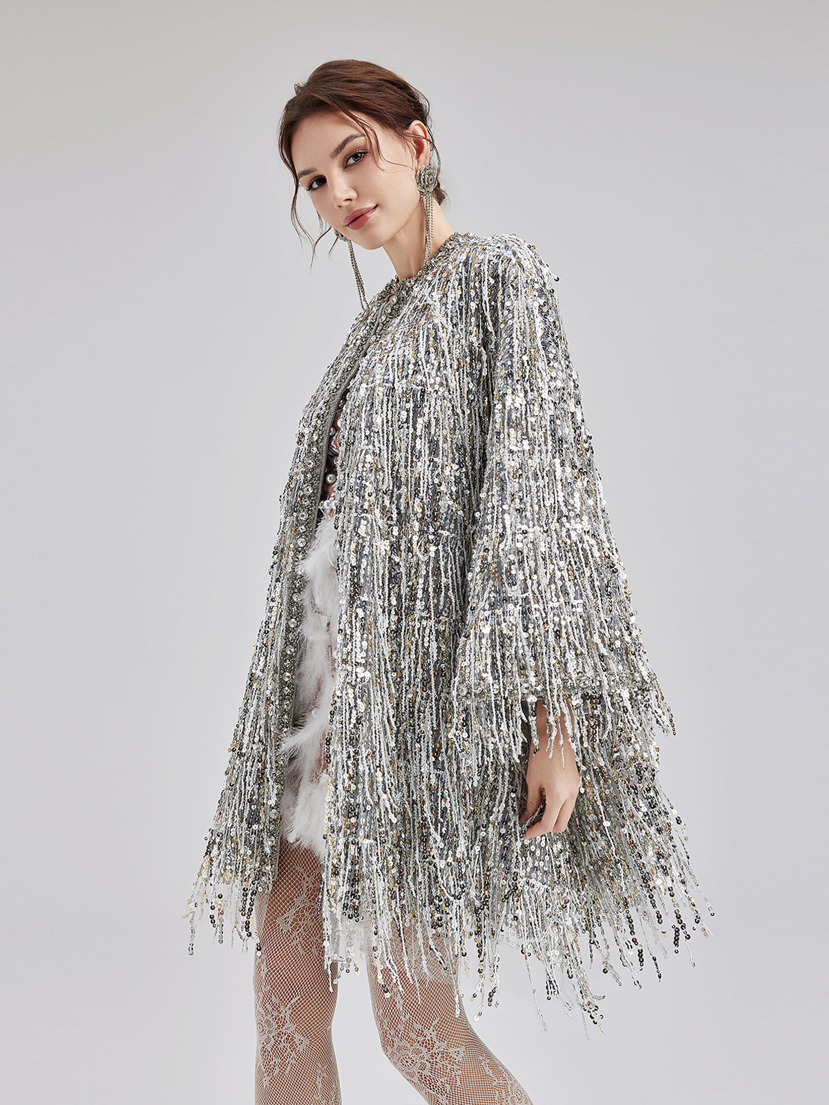 Sequin Beaded Tassel Cape Coat