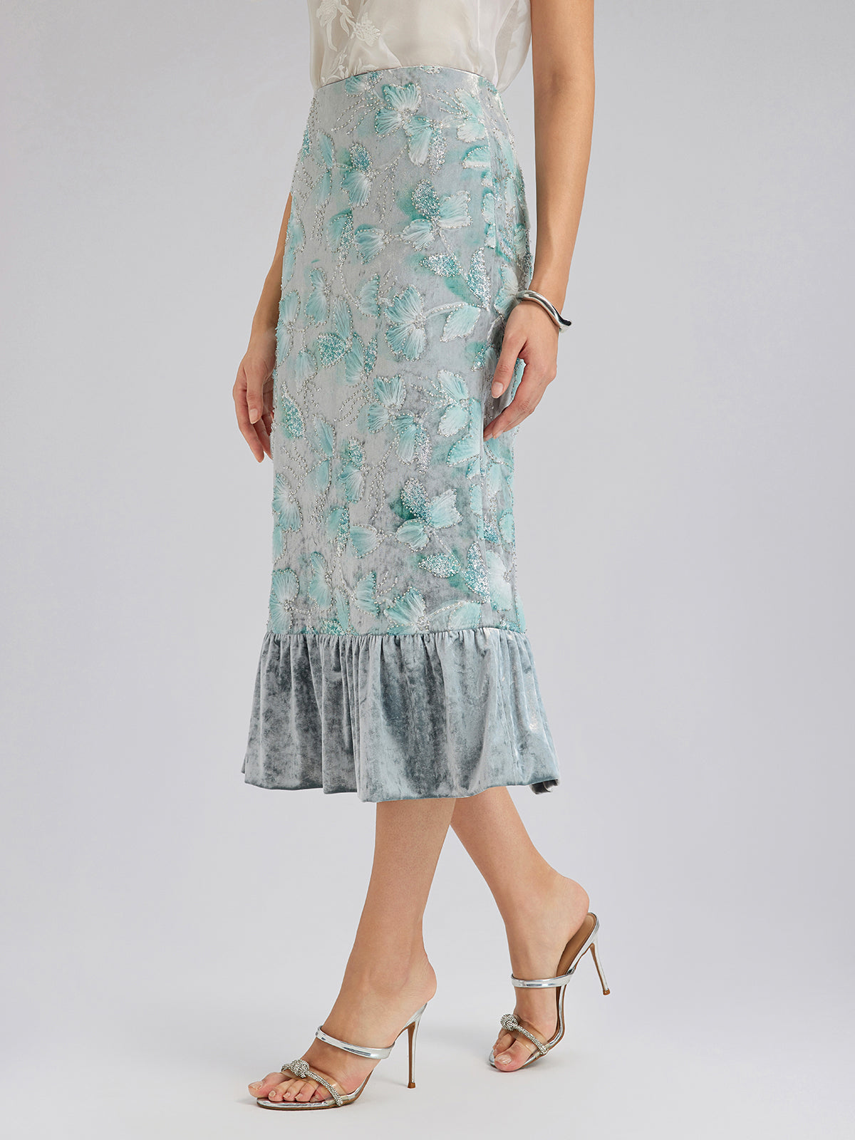 Beaded Floral Embroidered Velvet Tulip Skirt