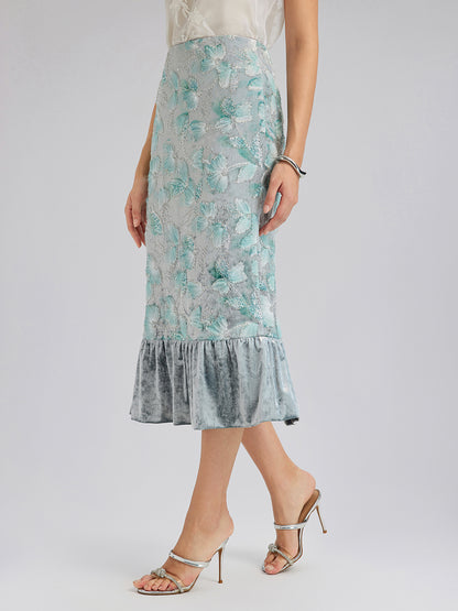 Beaded Floral Embroidered Velvet Tulip Skirt