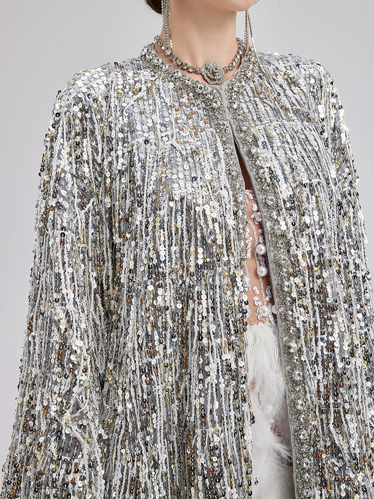 Sequin Beaded Tassel Cape Coat