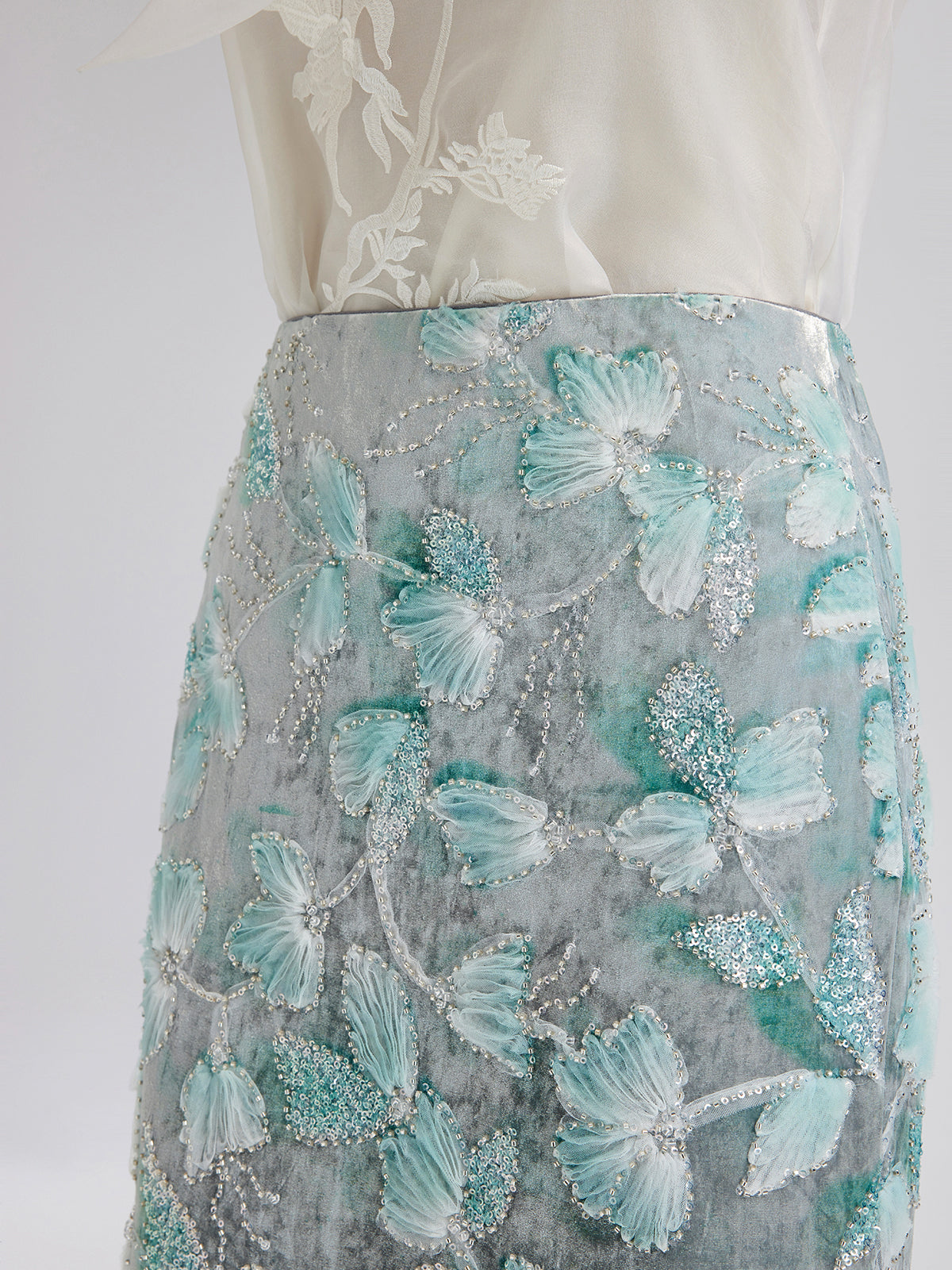 Beaded Floral Embroidered Velvet Tulip Skirt