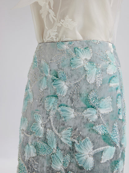 Beaded Floral Embroidered Velvet Tulip Skirt