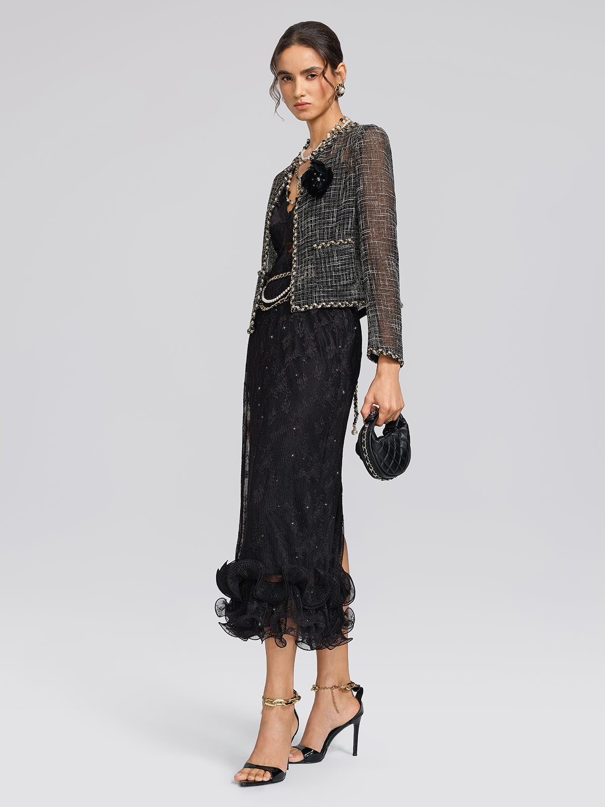 Metallic Plaid Tweed Trim Jacket