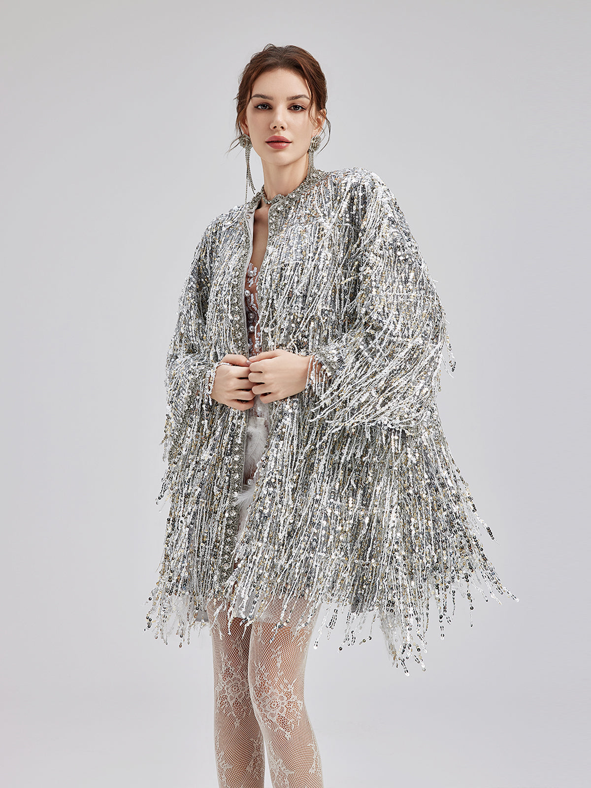 Sequin Beaded Tassel Cape Coat