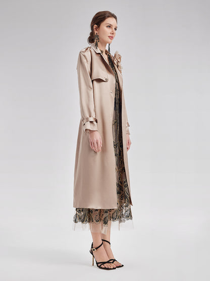 Silk-Wool Satin Beaded Trench Coat