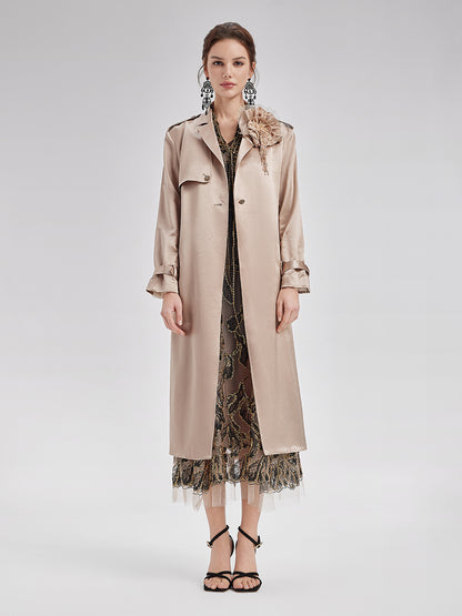 Silk-Wool Satin Beaded Trench Coat