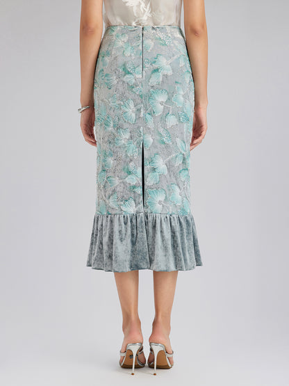 Beaded Floral Embroidered Velvet Tulip Skirt