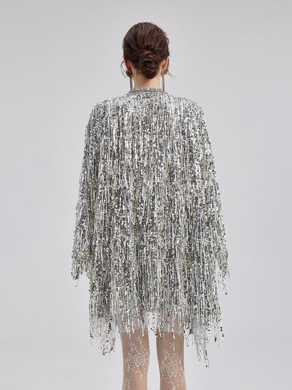 Sequin Beaded Tassel Cape Coat