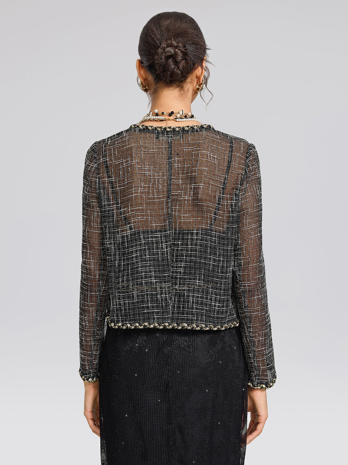 Metallic Plaid Tweed Trim Jacket