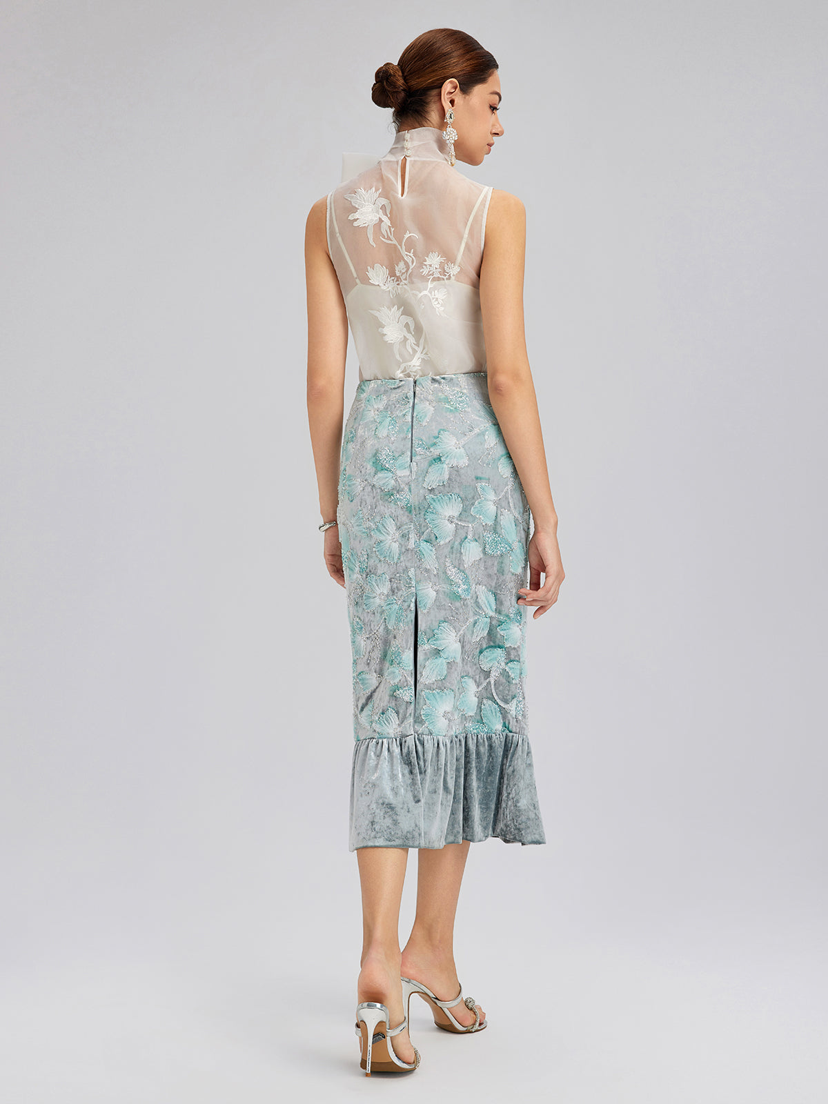 Beaded Floral Embroidered Velvet Tulip Skirt