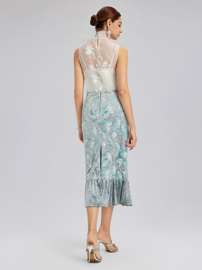 Beaded Floral Embroidered Velvet Tulip Skirt