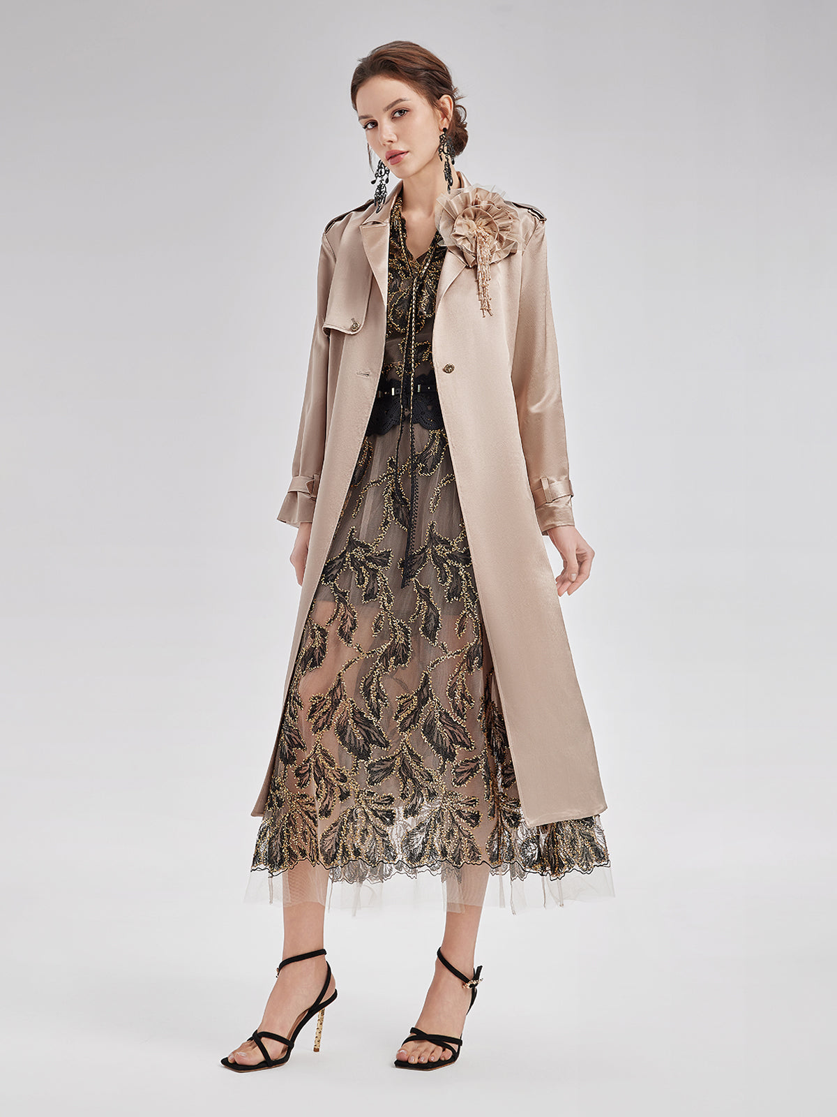 Silk-Wool Satin Beaded Trench Coat