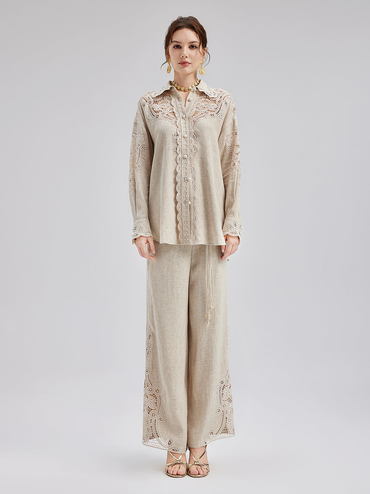 French Ramie Lace-Trimmed Pants with Braided Belt