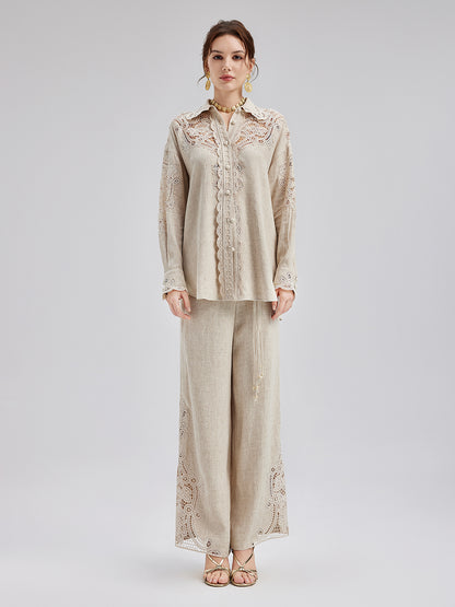 French Ramie Lace-Trimmed Pants with Braided Belt