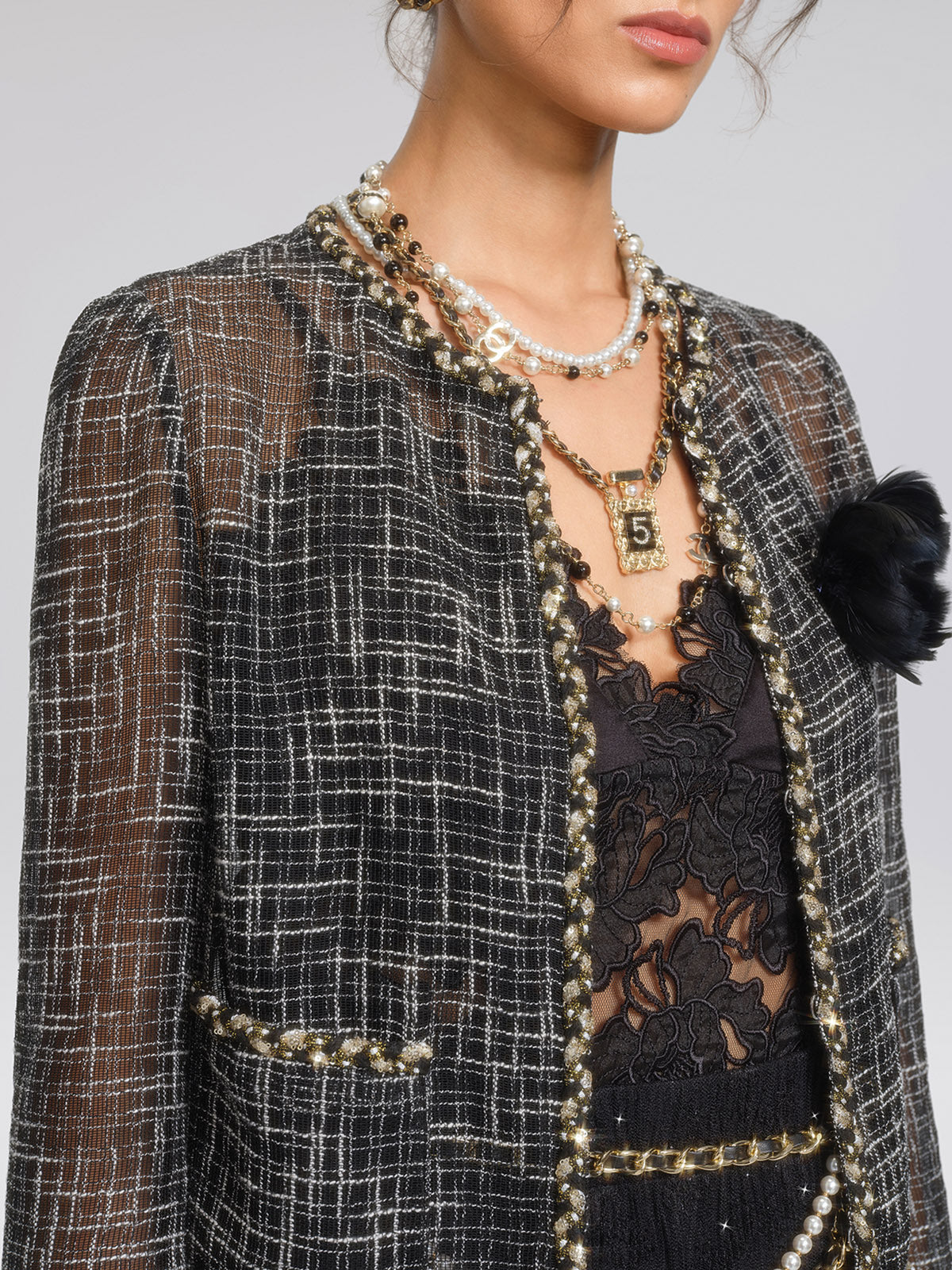 Metallic Plaid Tweed Trim Jacket