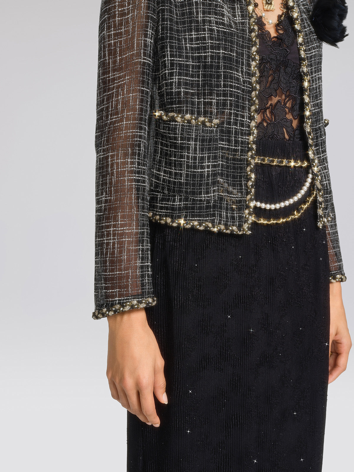 Metallic Plaid Tweed Trim Jacket