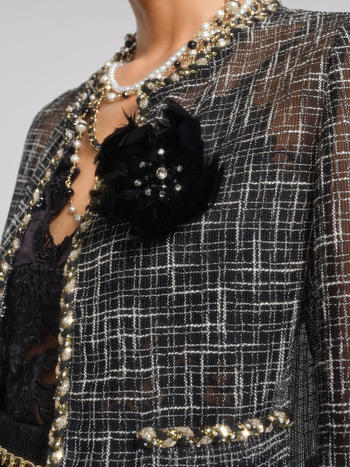 Metallic Plaid Tweed Trim Jacket
