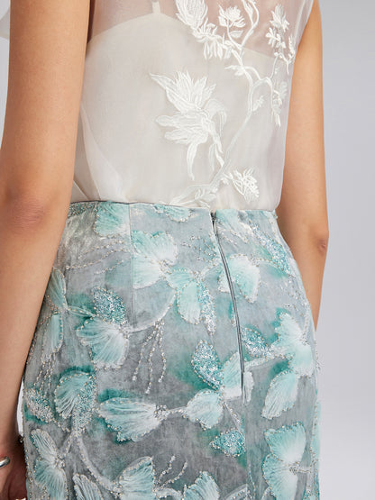 Beaded Floral Embroidered Velvet Tulip Skirt