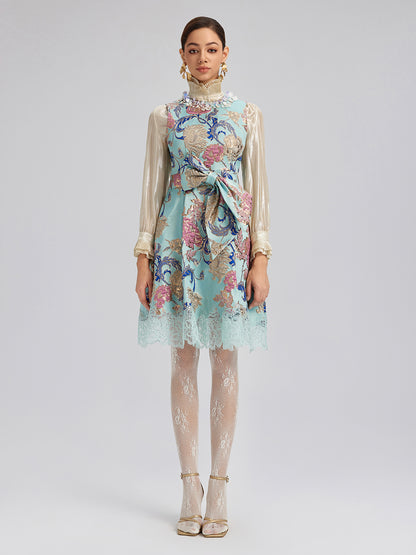 Hand-Set Rhinestone Embellished 3D Floral Bow Dress