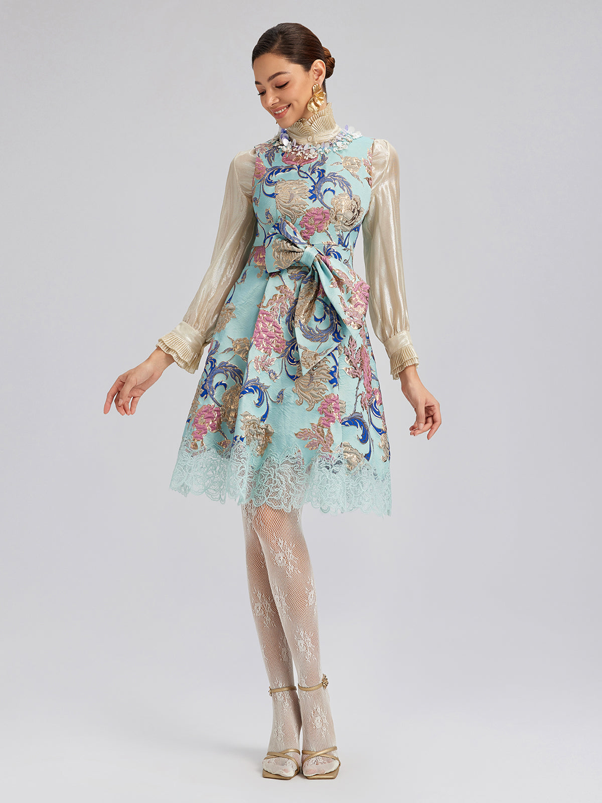 Hand-Set Rhinestone Embellished 3D Floral Bow Dress