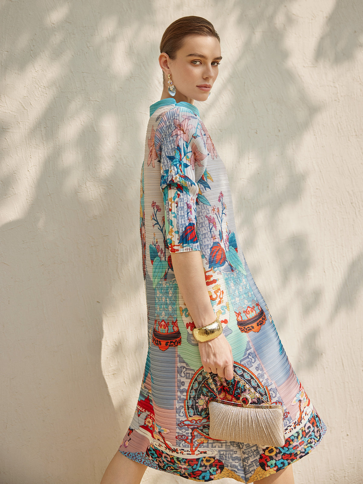 Artistic Print Pleated High Neck Dress