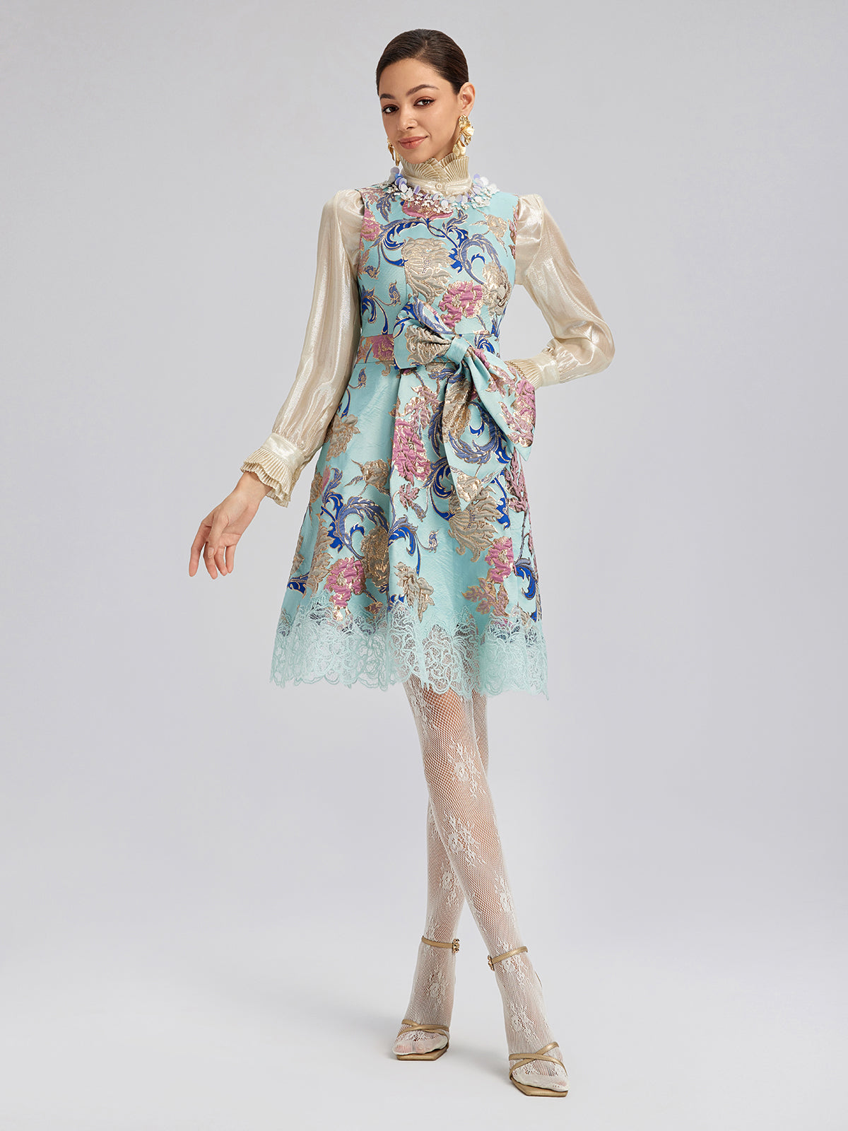 Hand-Set Rhinestone Embellished 3D Floral Bow Dress