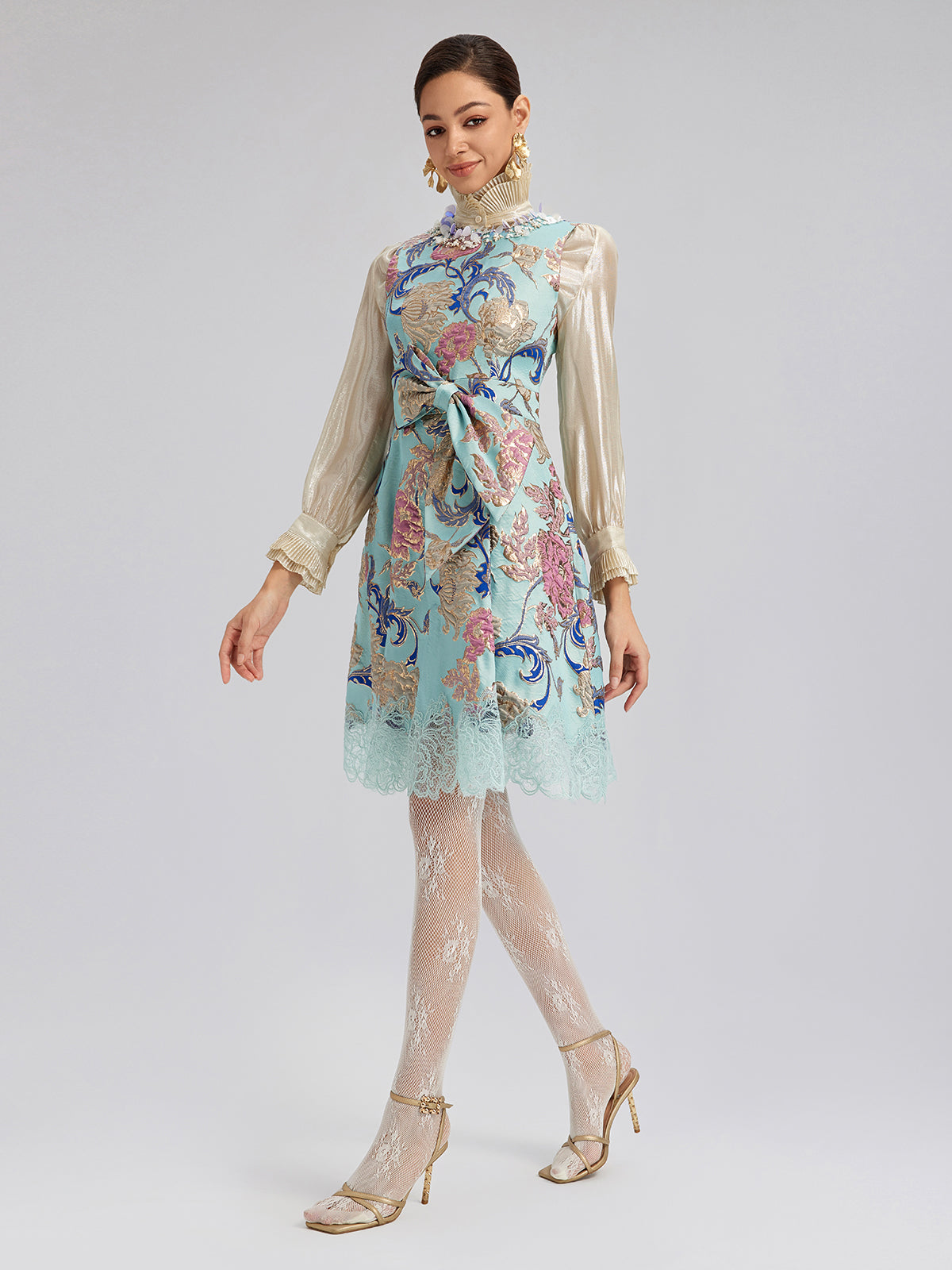 Hand-Set Rhinestone Embellished 3D Floral Bow Dress