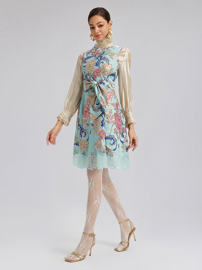 Hand-Set Rhinestone Embellished 3D Floral Bow Dress