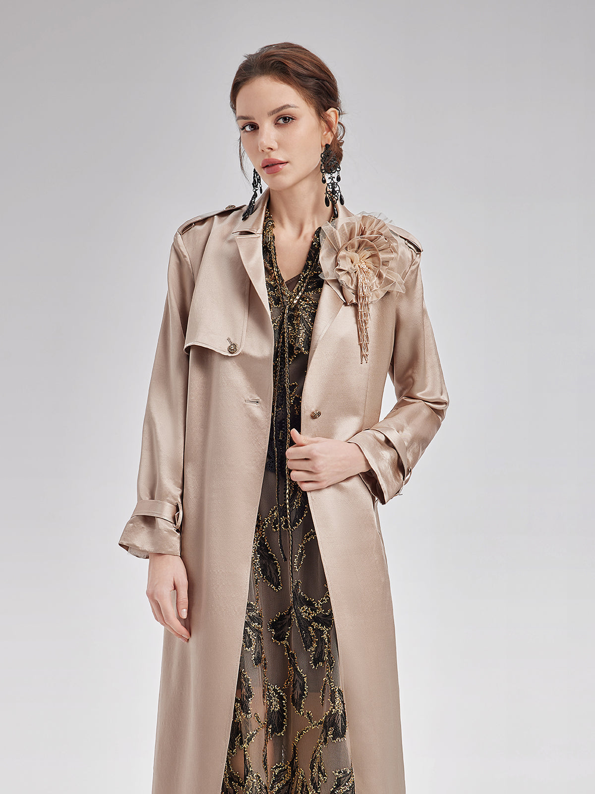 Silk-Wool Satin Beaded Trench Coat