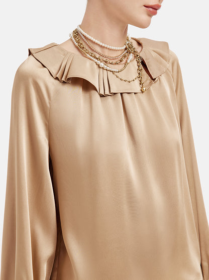 Lustrous Satin Ruffle Top with Angel Pearl Necklace