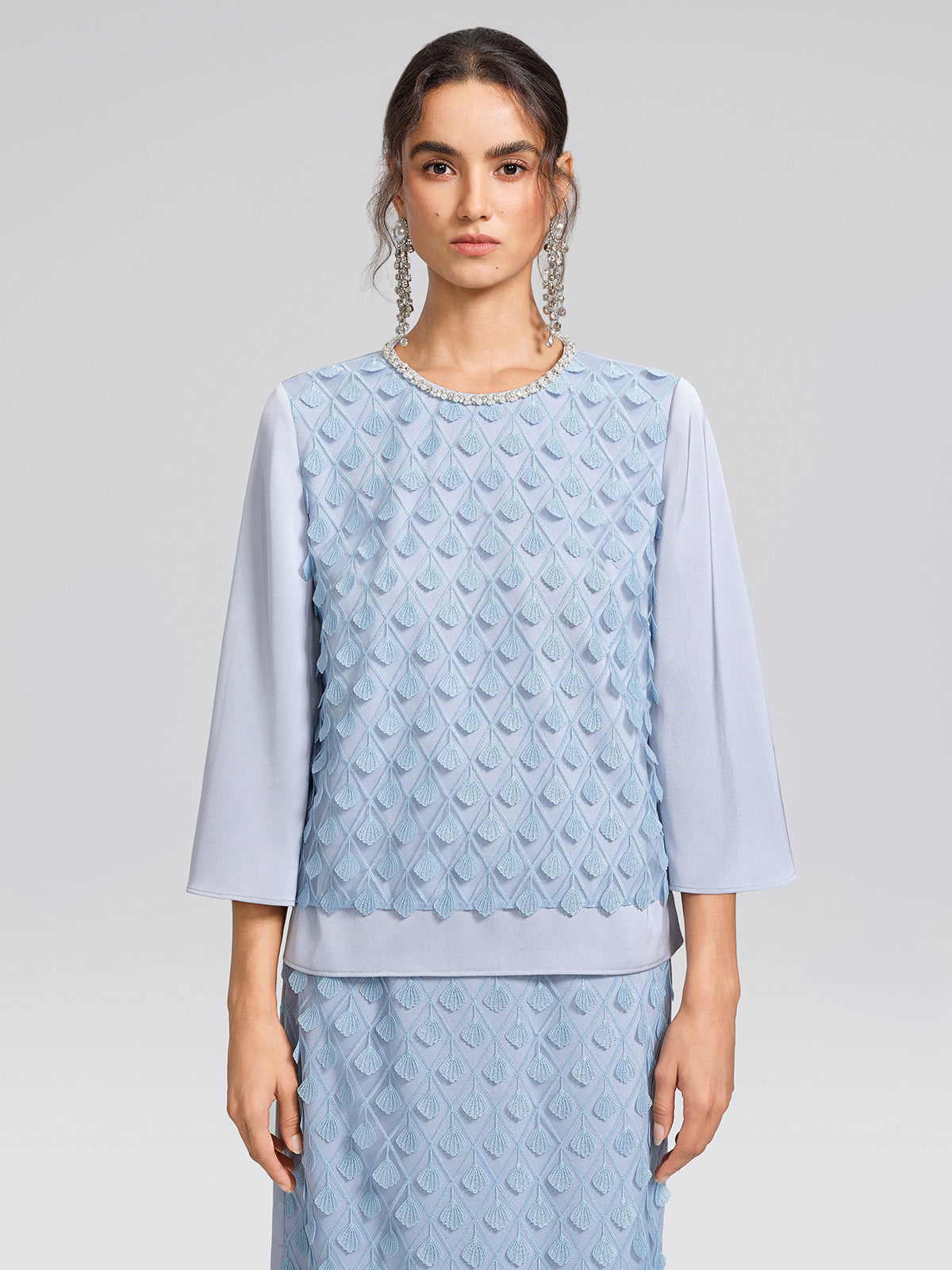 Mesh Ginkgo Embroidery Pearl Blouse