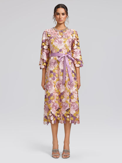 Embroidered Floral Lace Beaded Dress (Waist Tie & Slip Dress Included)