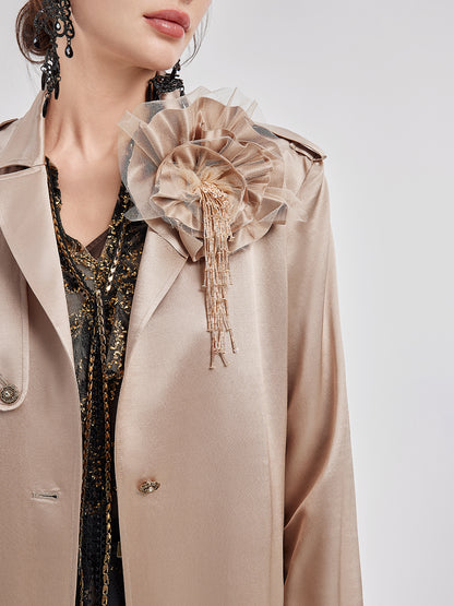 Silk-Wool Satin Beaded Trench Coat