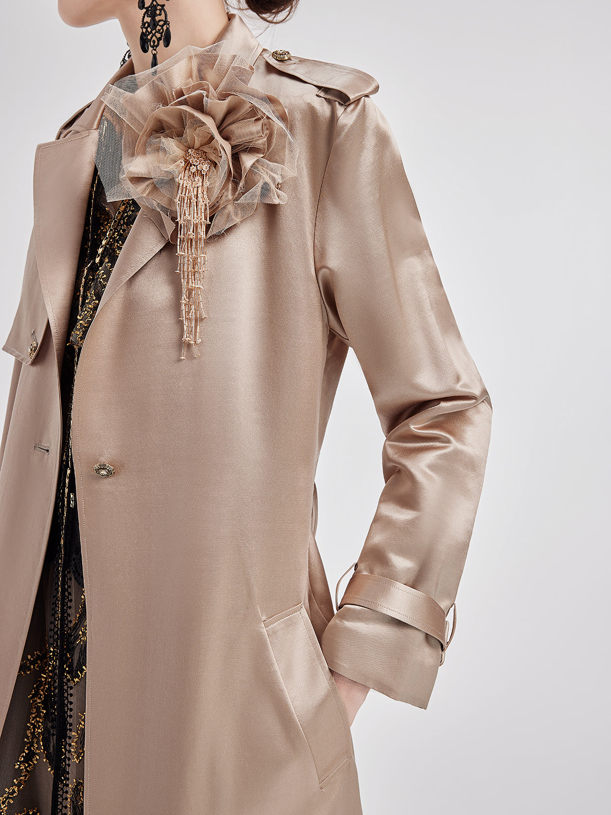 Silk-Wool Satin Beaded Trench Coat