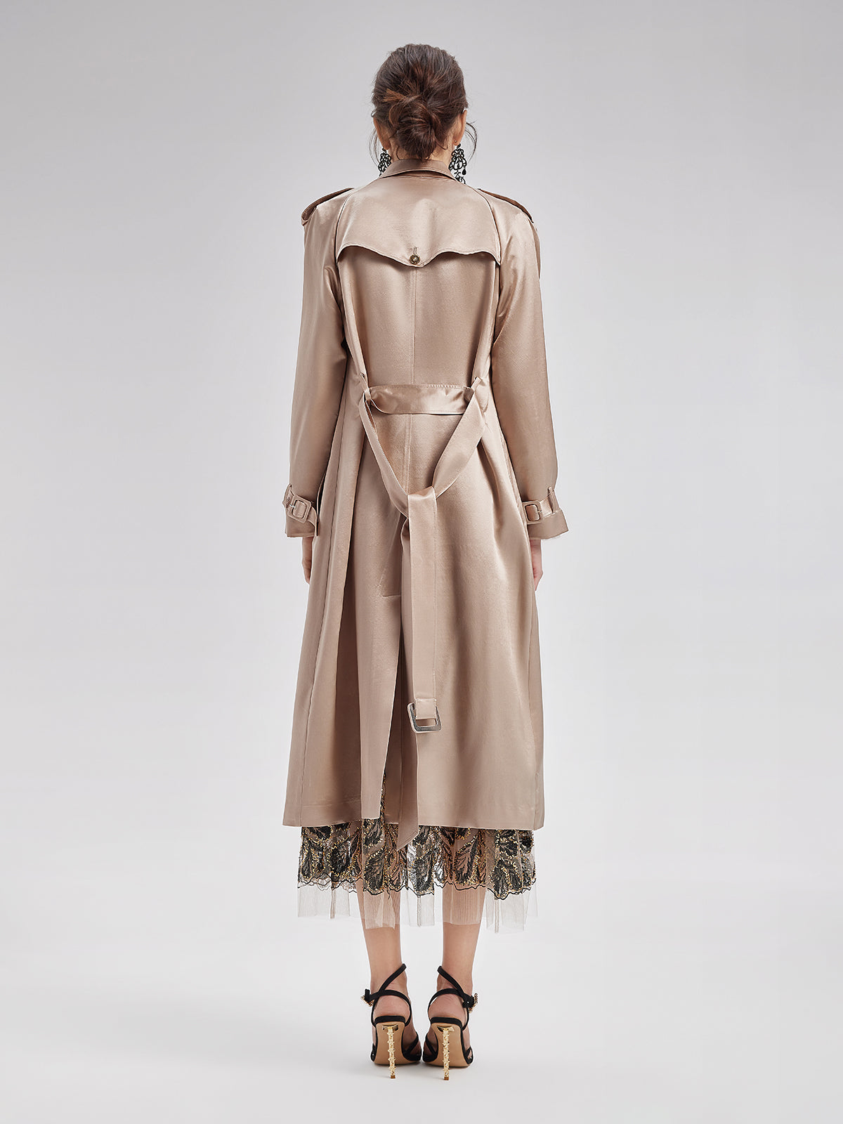 Silk-Wool Satin Beaded Trench Coat