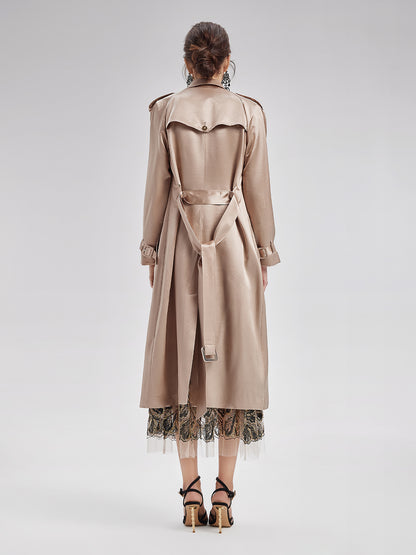 Silk-Wool Satin Beaded Trench Coat