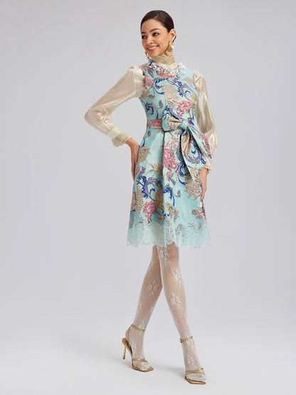 Hand-Set Rhinestone Embellished 3D Floral Bow Dress