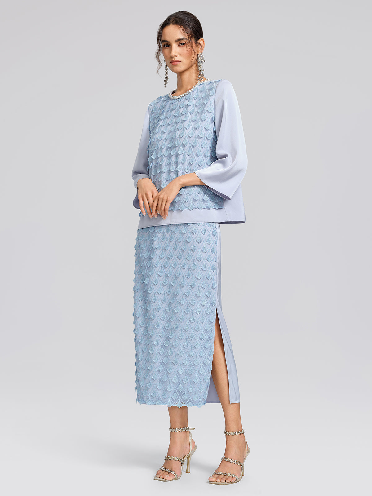Mesh Ginkgo Embroidery Wave Hem Skirt