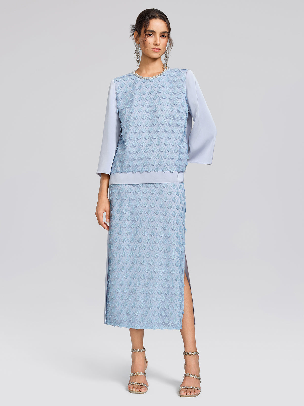 Mesh Ginkgo Embroidery Wave Hem Skirt