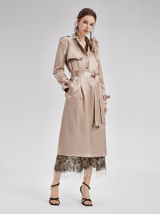 Silk-Wool Satin Beaded Trench Coat