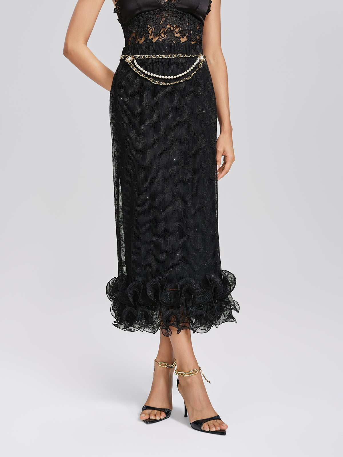 Pleated Mesh Floral Lace Skirt