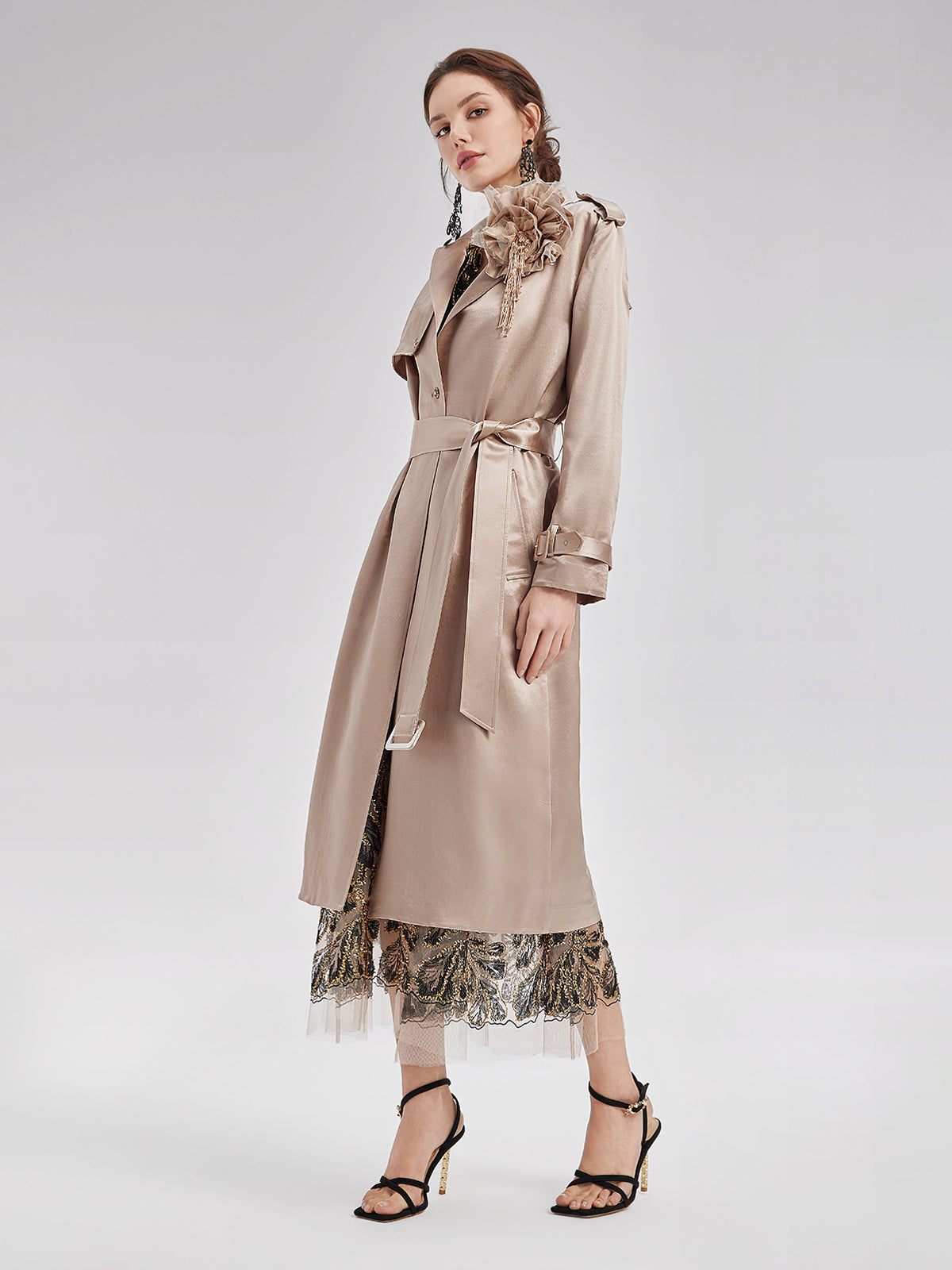 Silk-Wool Satin Beaded Trench Coat