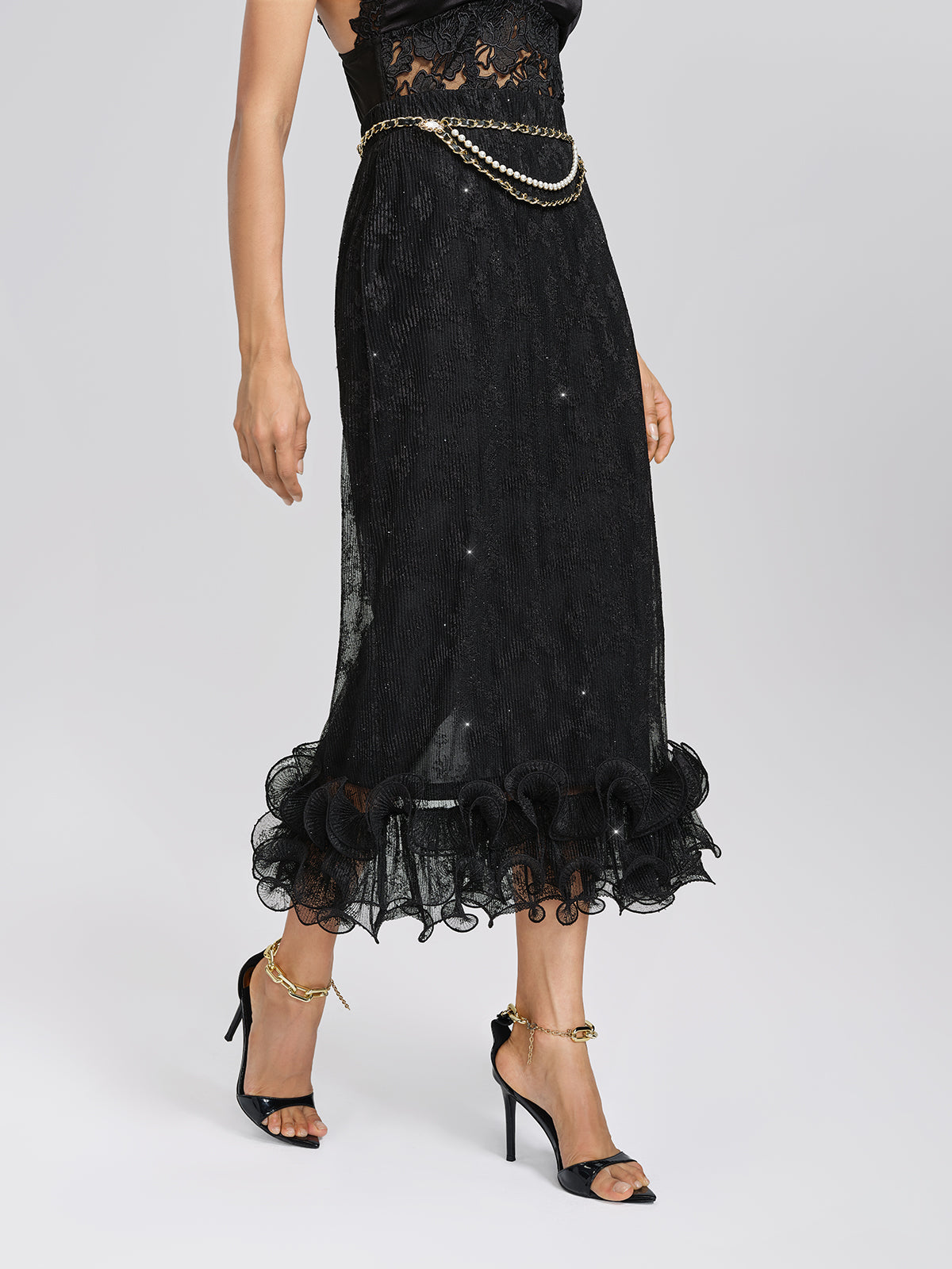 Pleated Mesh Floral Lace Skirt