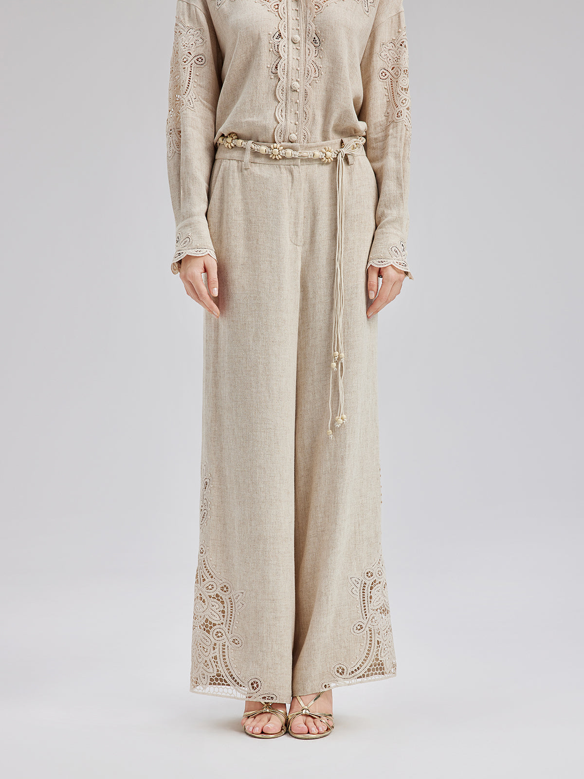 Final Sale | French Ramie Lace-Trimmed Pants with Braided Belt